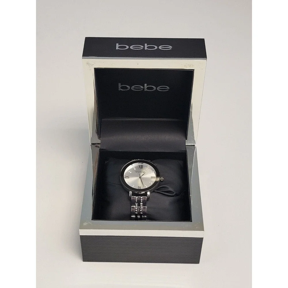 BEBE Silver Tone Diamond Accent Women's‎ Watch New In Box Stainless Steel Bezel